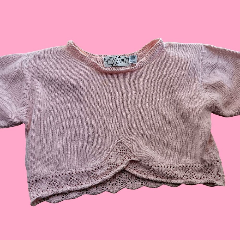 Vintage Viewpoint Large Pink Knit Cropped Sweater Lace Trim Womens